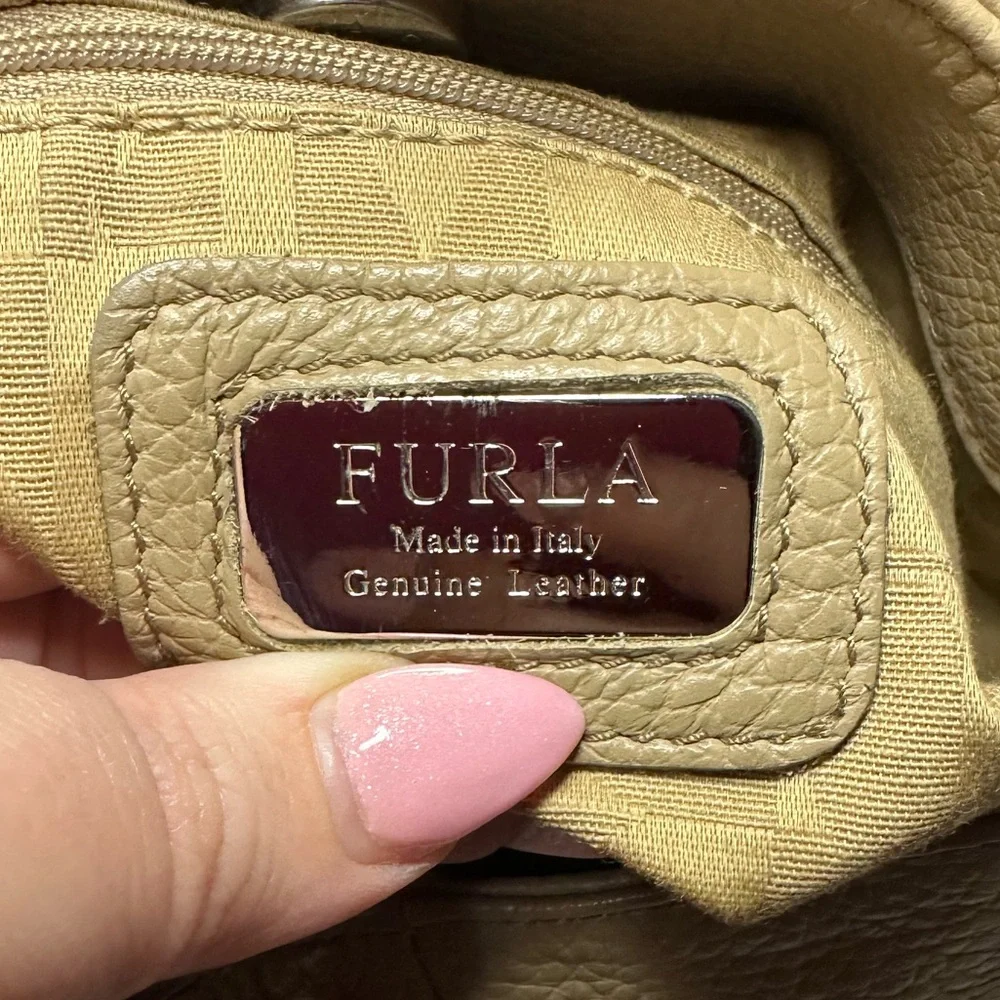 Furla Light Taupe Pebbled Leather Hobo Shoulder Bag with Tassel - EUC